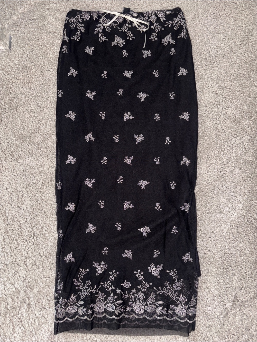 Forever 21 Black Maxi Skirt with White Floral Embroidery